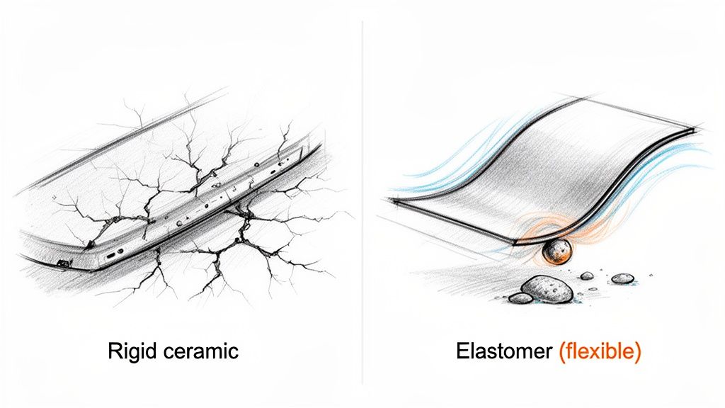 Illustration comparing a rigid, cracked ceramic surface with a flexible elastomer bending around an object.