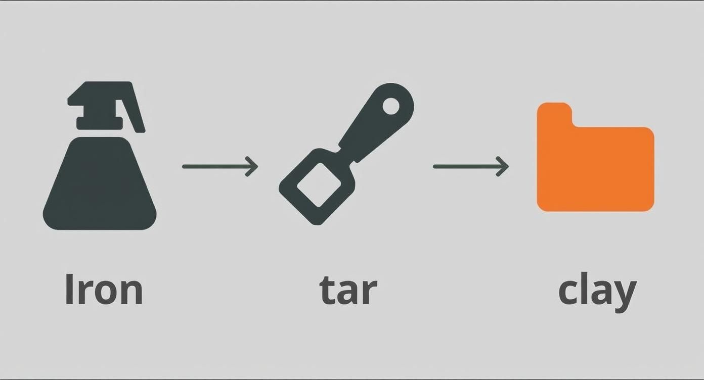 Diagram showing a sequence of icons and labels: Iron, tar, and clay, connected by arrows.