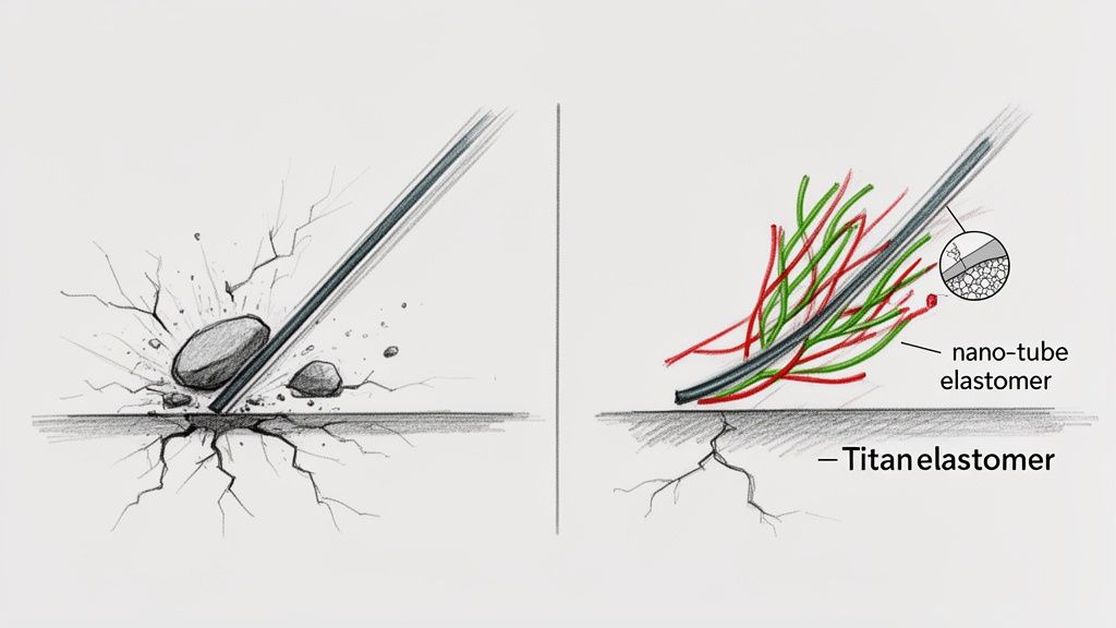 Diagram comparing impact on unprotected surface with cracks versus flexible nanotech elastomer protection.