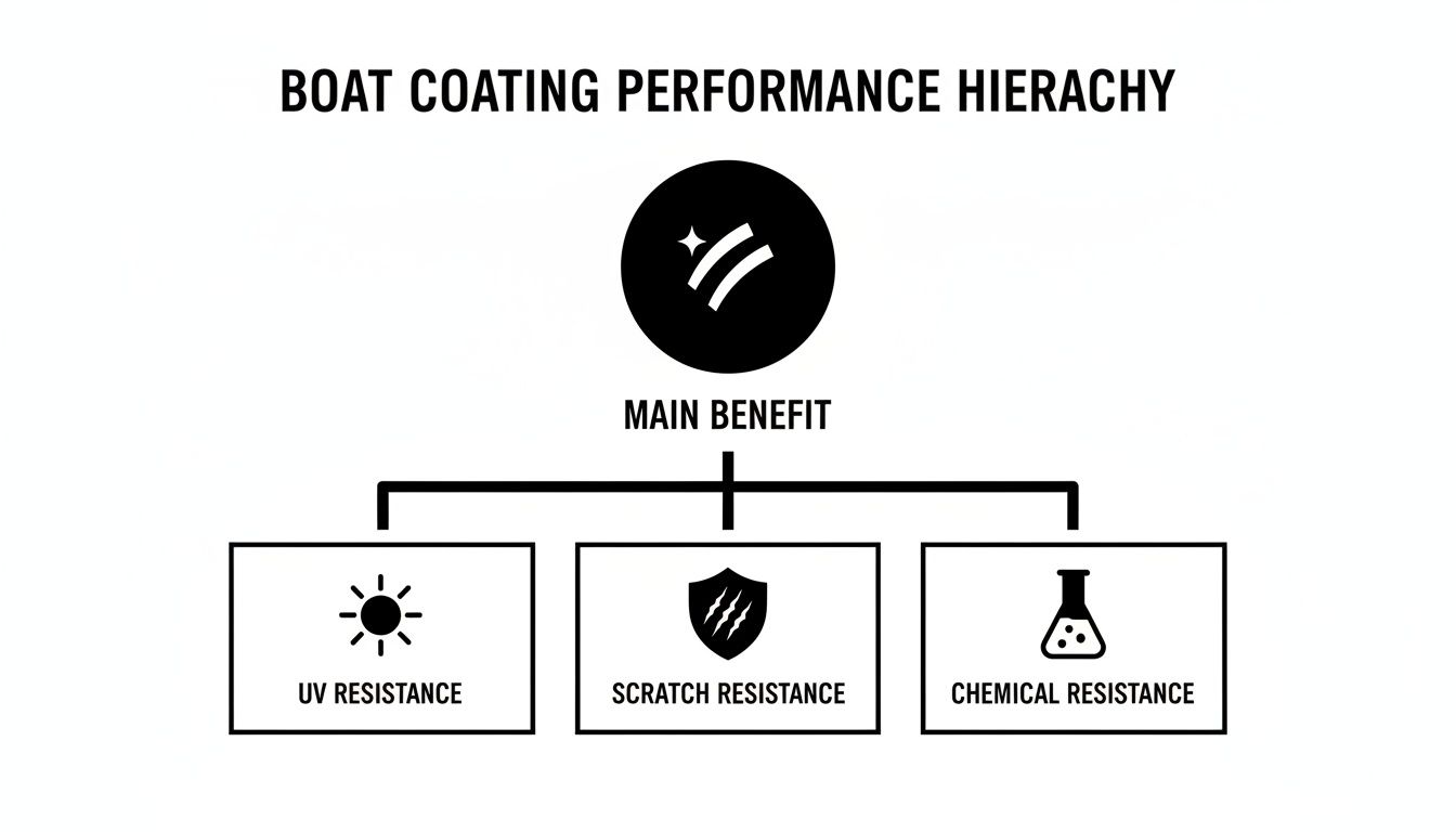 Diagram showing boat coating performance hierarchy with main benefit leading to UV, scratch, and chemical resistance.