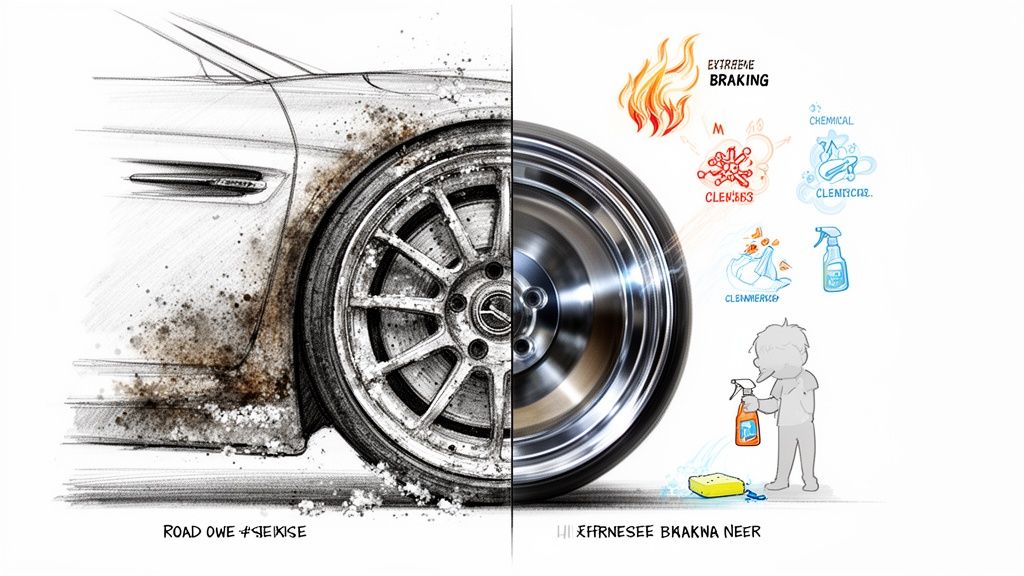 Illustration contrasting a dirty car wheel with a clean, shiny one, highlighting wheel care and protection.