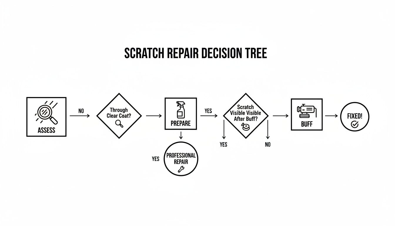A flowchart decision tree outlining steps for automotive scratch repair, from assessment to final resolution.