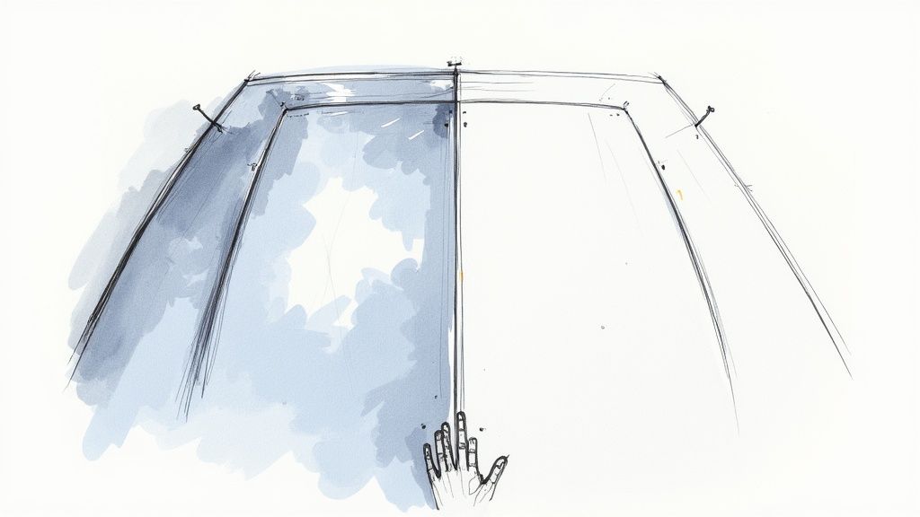 A hand-drawn sketch showing a car roof design with shaded panels and a hand reaching up.