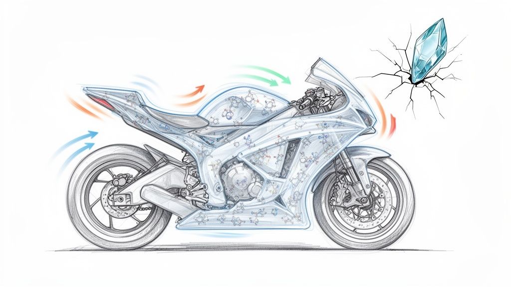 Transparent motorcycle showcasing molecular structure, airflow dynamics, and a strong, impact-resistant crystal.
