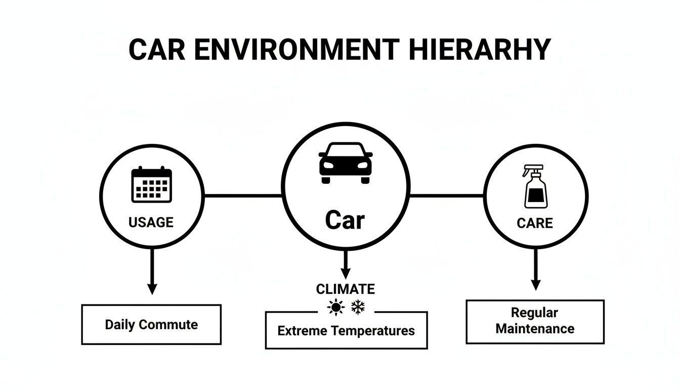A hierarchy diagram illustrating car environment factors, including usage, climate, and care aspects.