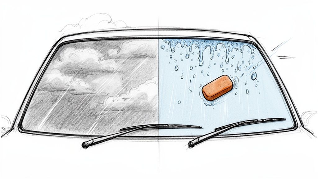 A split image of a car windshield: one side dirty and cloudy, the other clean with a sponge and water.