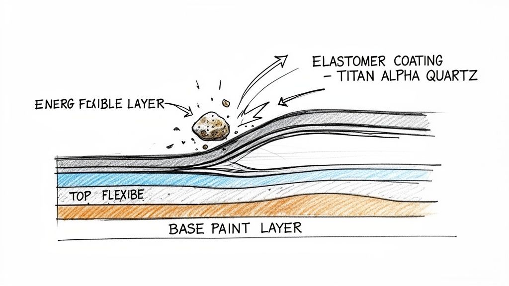 Diagram illustrating a multi-layer protective coating system, showing a rock impacting and deflecting from the top elastomer layer.