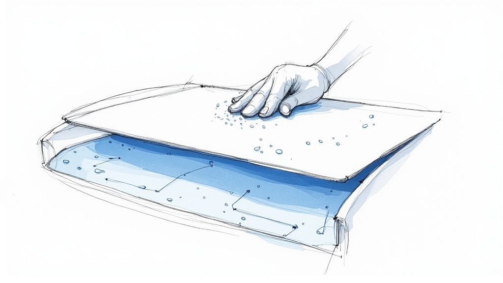 A freshly washed blue car with a ceramic coating, showing intense water beading and a high-gloss shine.