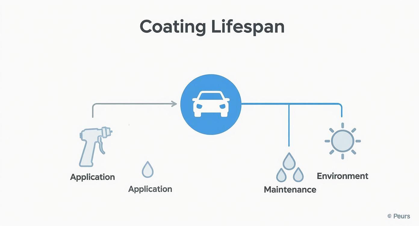 Diagram illustrating car coating lifespan, showing application, the coated car, maintenance, and environmental factors.