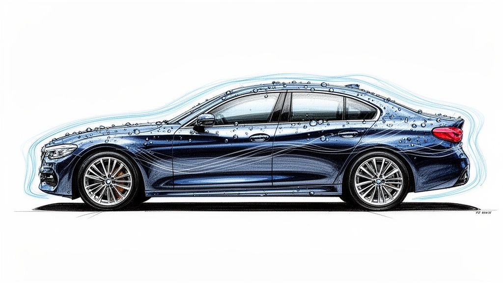A blue BMW sedan is depicted with water droplets beading and flowing off its surface, illustrating a hydrophobic effect.