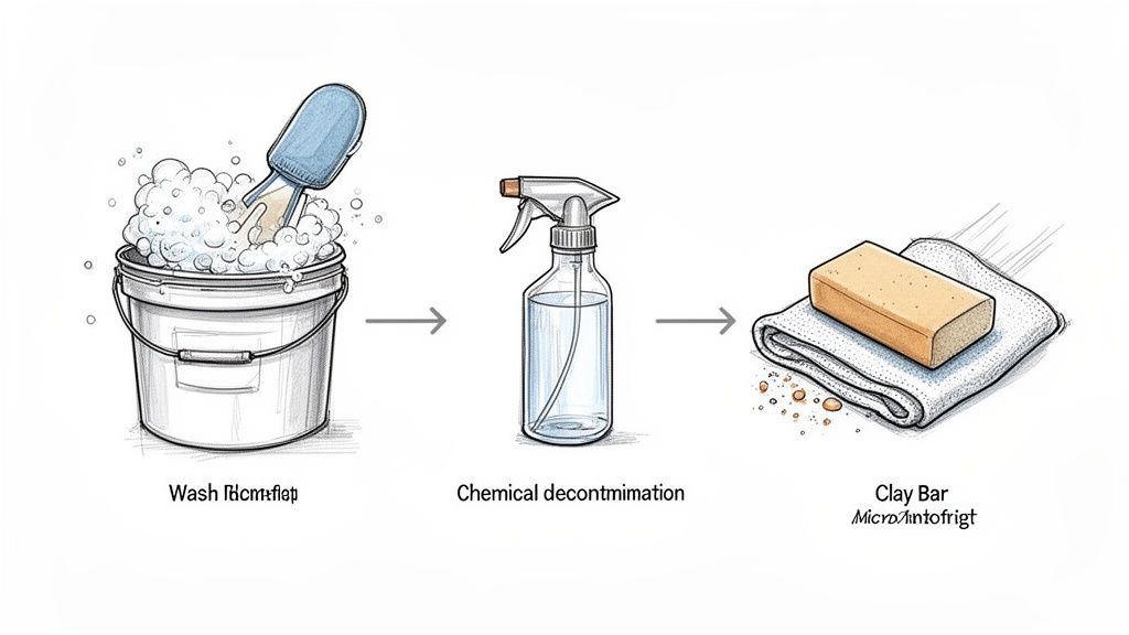 A diagram illustrating the steps for car paint preparation: wash, chemical decontamination, and clay bar.