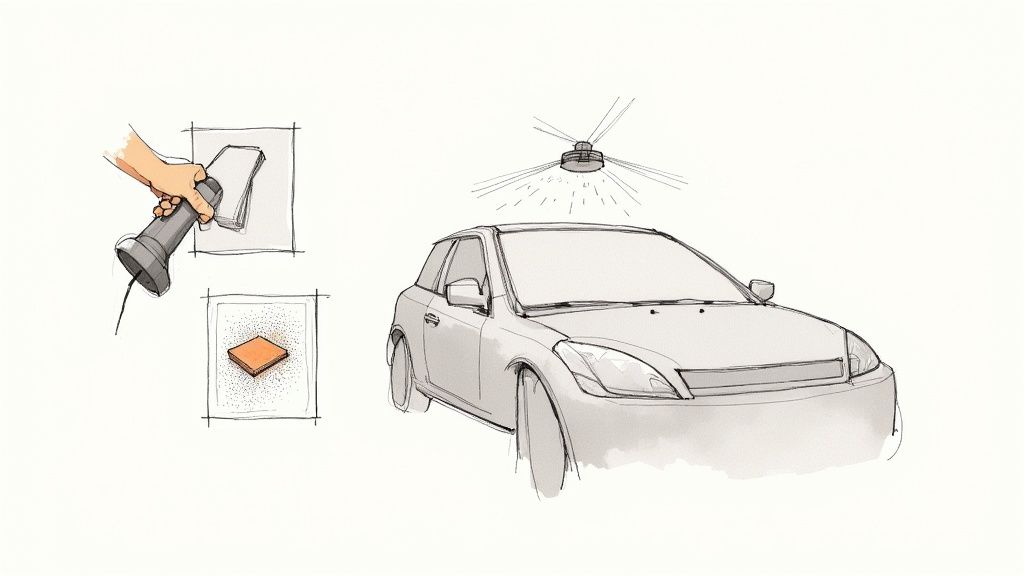 A detailer using a plush microfiber towel to carefully dry a black ceramic-coated car.