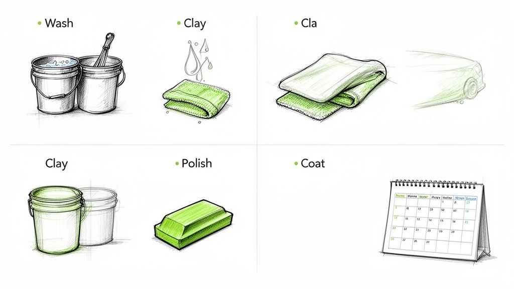 Illustrations showing sequential car detailing steps, including wash, clay, polish, and coat application.
