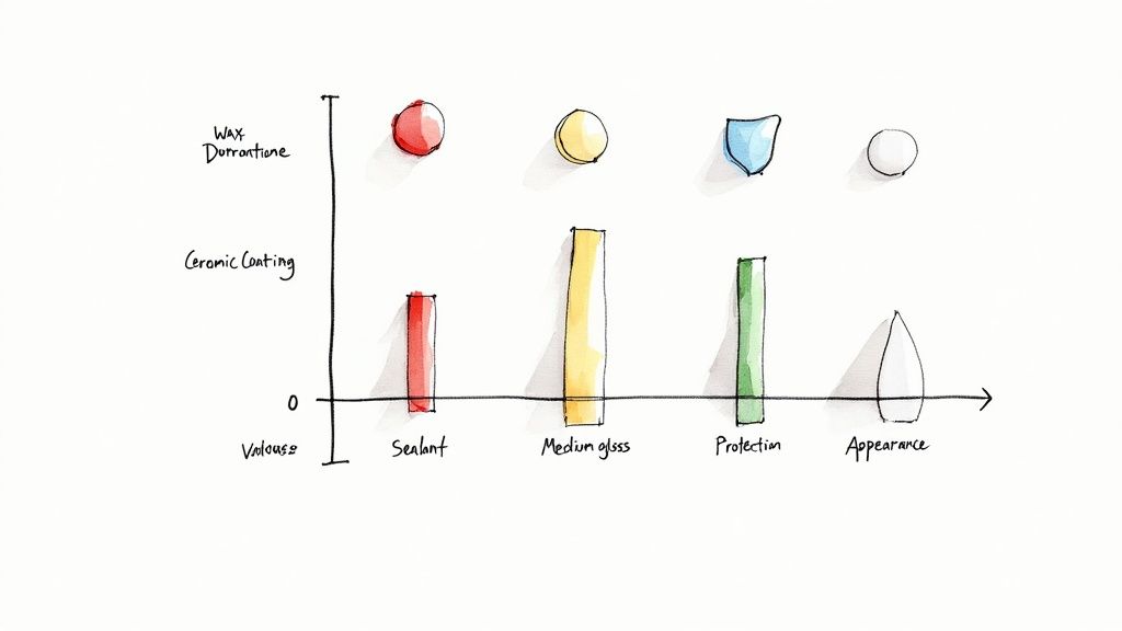 A hand applying a wax or sealant to a car's surface, contrasted with the glossy finish of a ceramic-coated vehicle nearby.