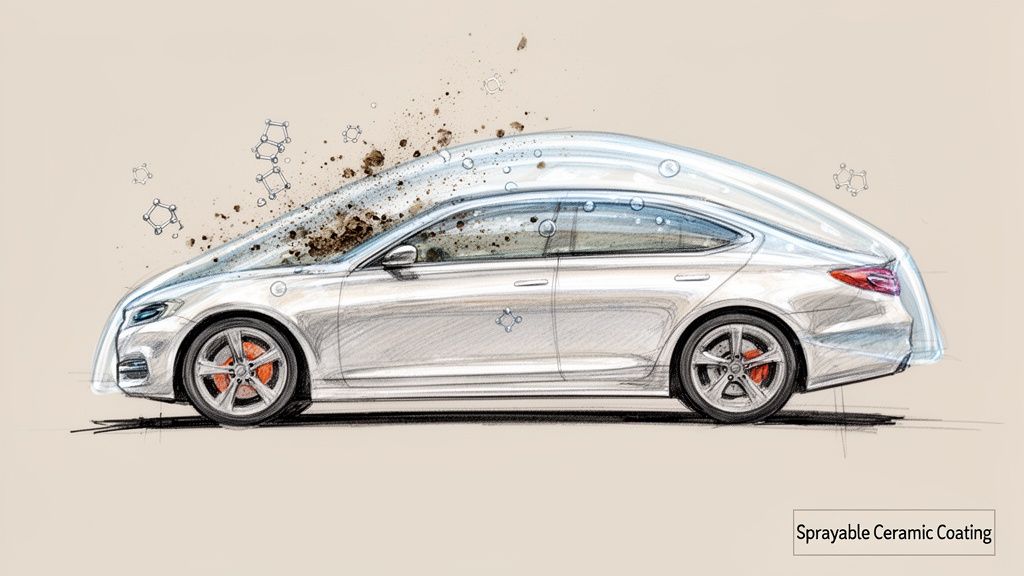 Illustration of a silver car protected by a sprayable ceramic coating, repelling dirt and water.