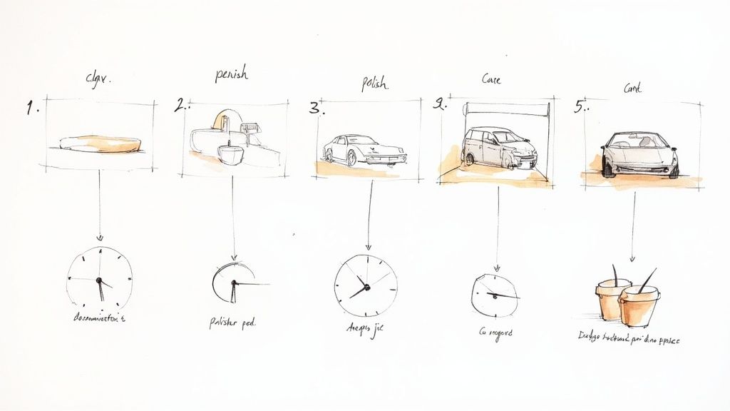 A five-step process diagram illustrating car detailing with clay, polish, care, and final steps.