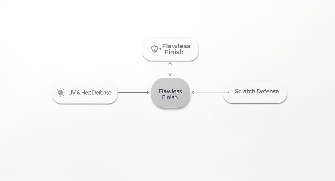 Infographic decision tree showing how to choose car paint protection based on goals like UV defense, scratch defense, and achieving a flawless finish.