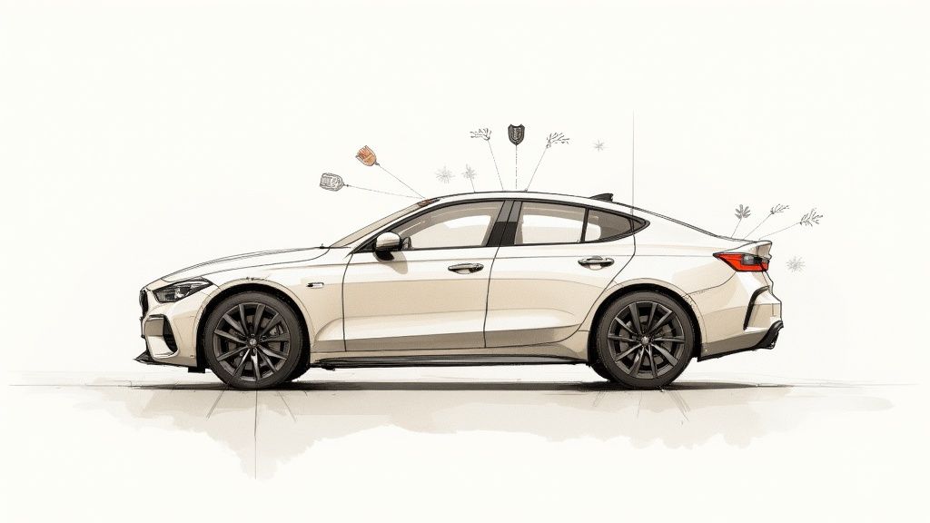 A close-up shot of a car's hood protected by a ceramic coating, showing a pristine, glossy finish.