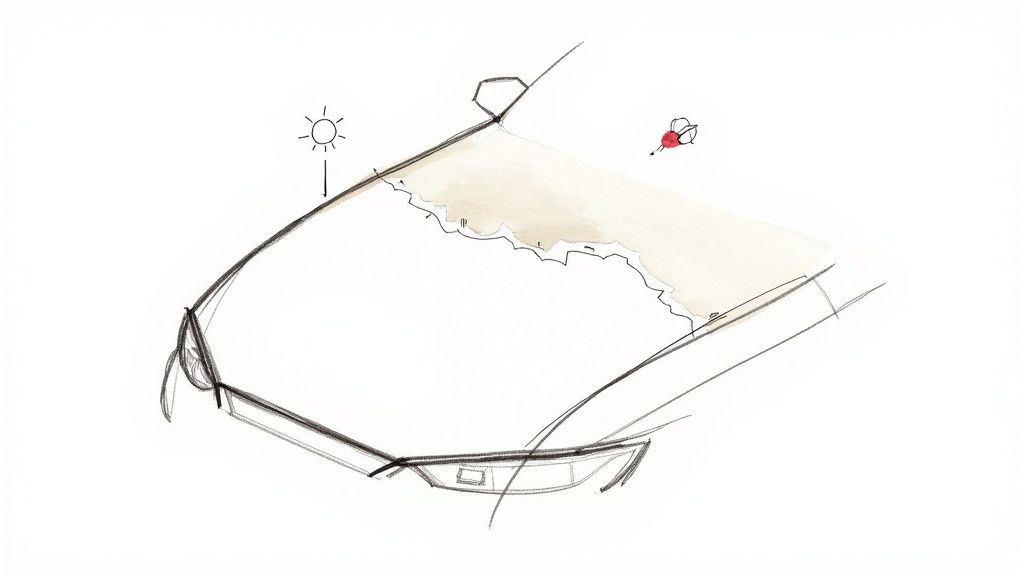Sketch illustrating a car hood with visible clear coat peeling, caused by sun exposure.