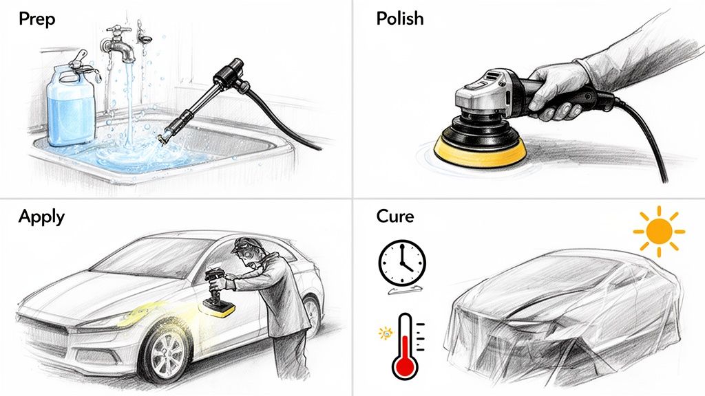 A four-step illustration showing a clear coating application process including prep, polish, application, and curing.