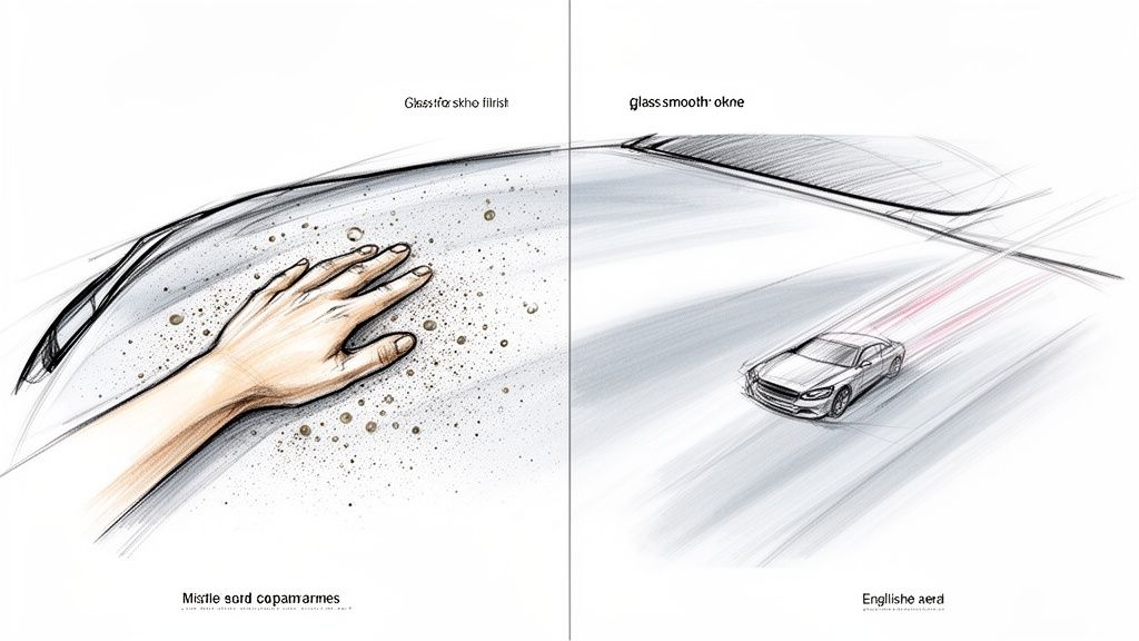 Illustration showing a hand on a gritty car surface contrasted with a car on a smooth, clean surface.