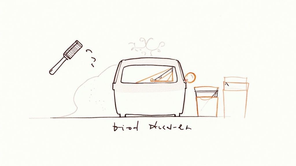 Dirty toaster with cleaning brush and drinking glasses illustrating neglected household maintenance and cleaning needs