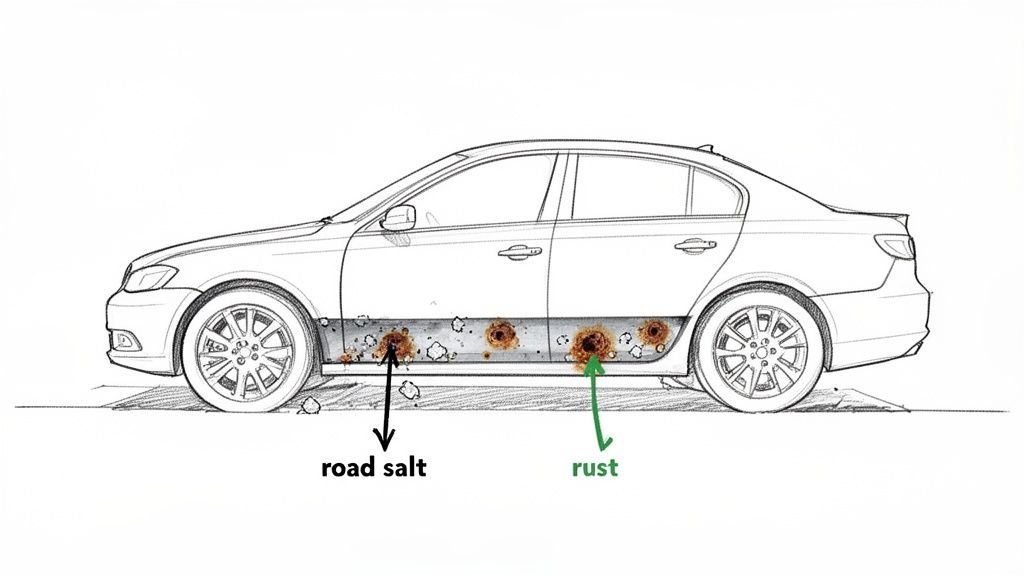 An illustration of a car's side, highlighting rust holes and road salt residue on the lower body panels.