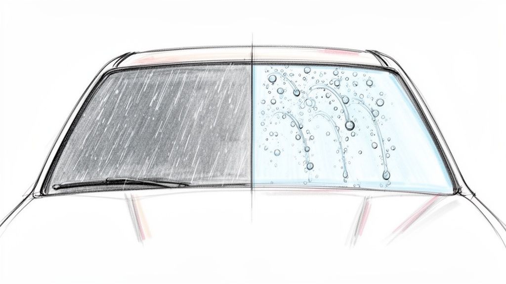 Car windshield split, showing heavy rain on one side and clear water beading off a treated surface.