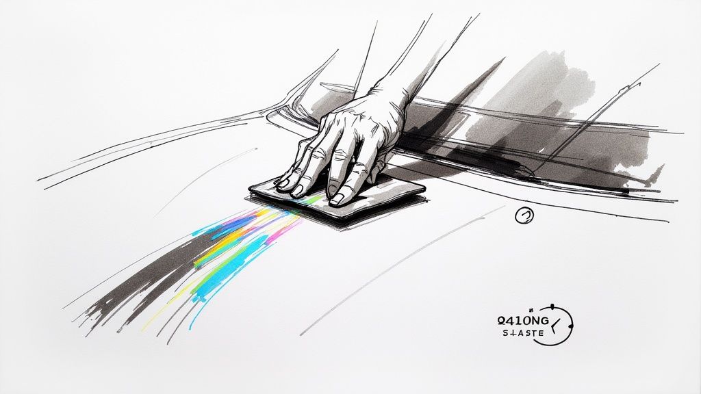 A person applying a DIY ceramic coating to a car's side panel using a cross-hatch pattern.