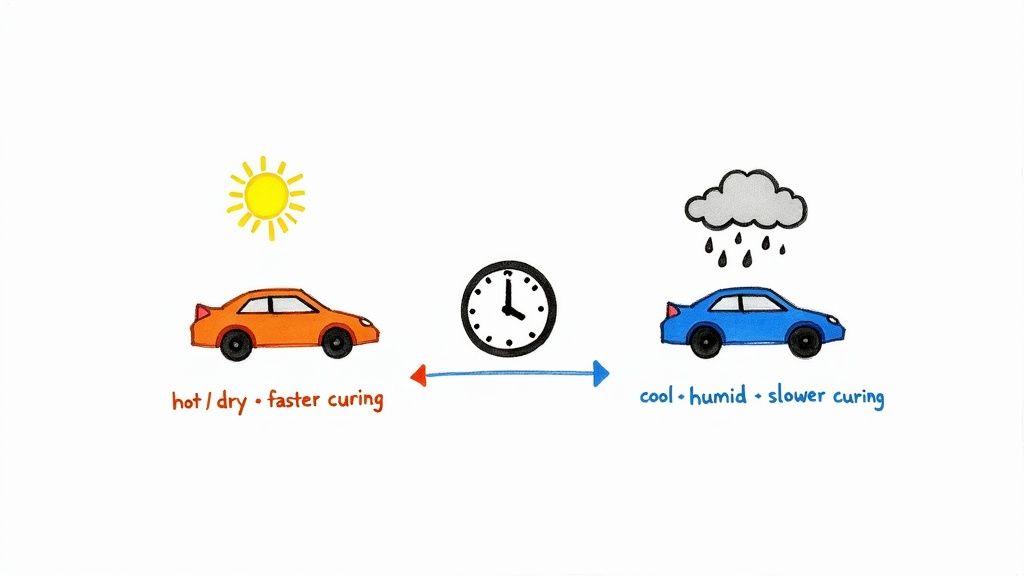 Illustration showing hot and dry weather results in faster curing, while cool and humid weather leads to slower curing for car coatings.