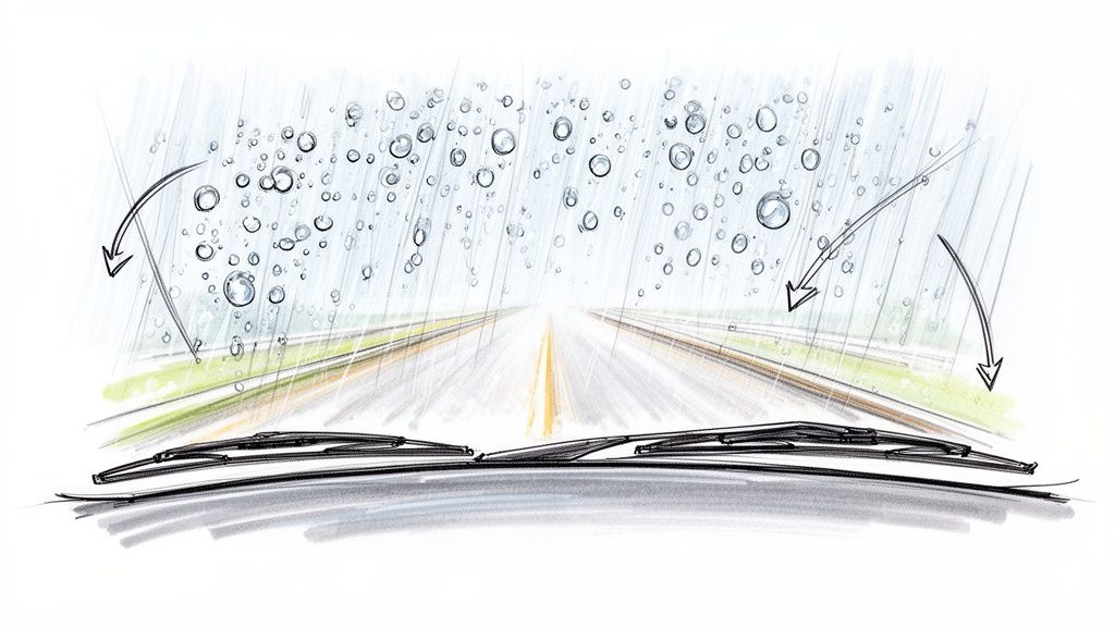 Illustration of a car's wet windshield in heavy rain with active wipers and water dispersion arrows.