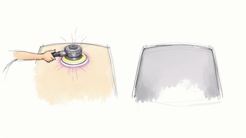 Illustration showing a hand using an orbital sander on a light surface next to a gray panel.