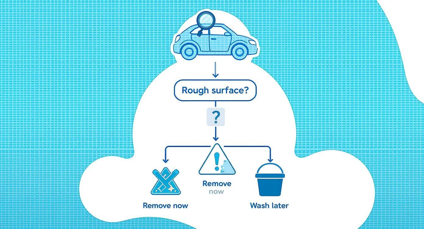 Flowchart detailing a car surface inspection process, leading to options for immediate removal or washing.