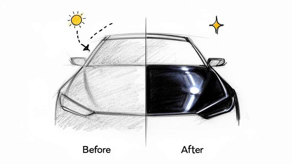 Split image illustrating a car's transformation from dull, sun-exposed to shiny and polished.
