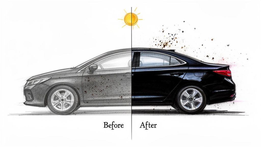 Before and after comparison showing a car with faded, dirty paint and a restored, shiny black finish.