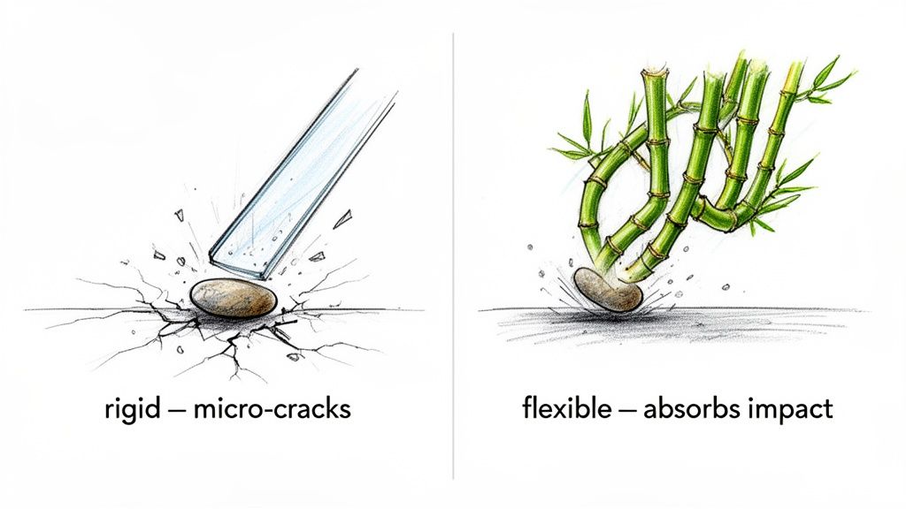 A diagram contrasting rigid material shattering on impact with flexible bamboo absorbing the force.