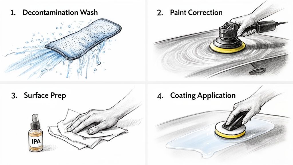 Four illustrated steps of ceramic coating application: wash, paint correction, surface prep, and coating application.