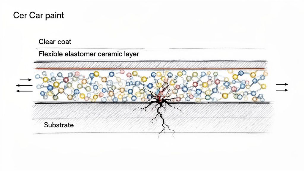Cross-section diagram of multi-layered car paint showing clear coat, flexible ceramic layer, and substrate with a crack.