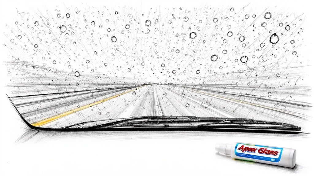 A pencil drawing of a car's rainy windshield with a road, wiper, and Apex Glass bottle.