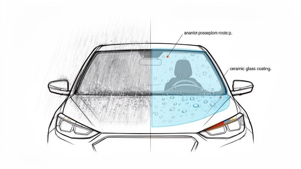A car windshield shows heavy rain on an uncoated side versus clear droplets with ceramic coating.