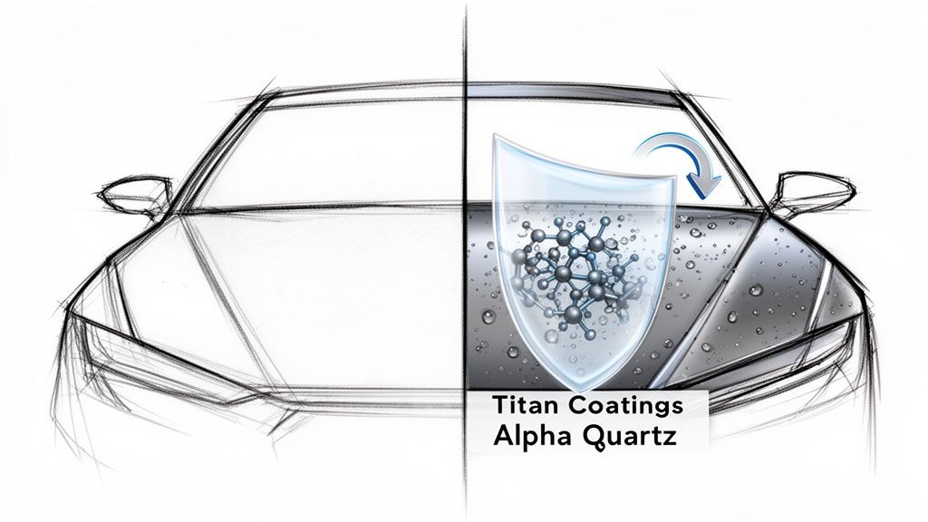 Front view of a car, half sketch, half rendered with a protective coating shield and water beading.