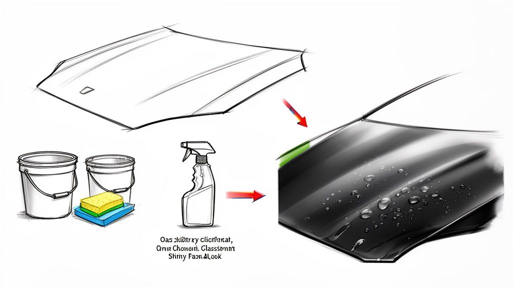 Illustration showing the process of car washing and waxing, resulting in water beading on a shiny car hood.