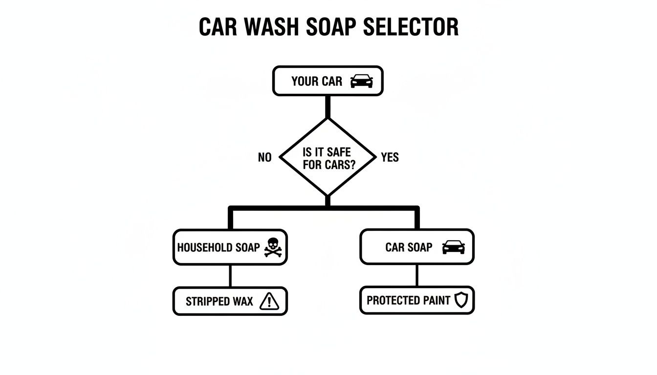 Flowchart comparing car soap and household soap for washing cars, highlighting paint protection and wax stripping.