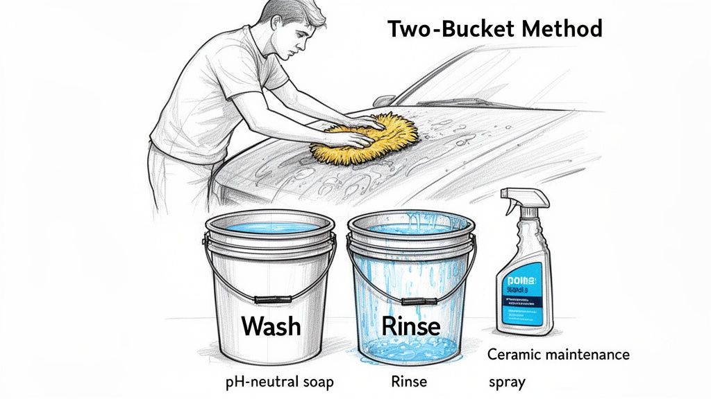 Illustration showing the two-bucket car wash method with pH-neutral soap, rinse water, and ceramic maintenance spray.