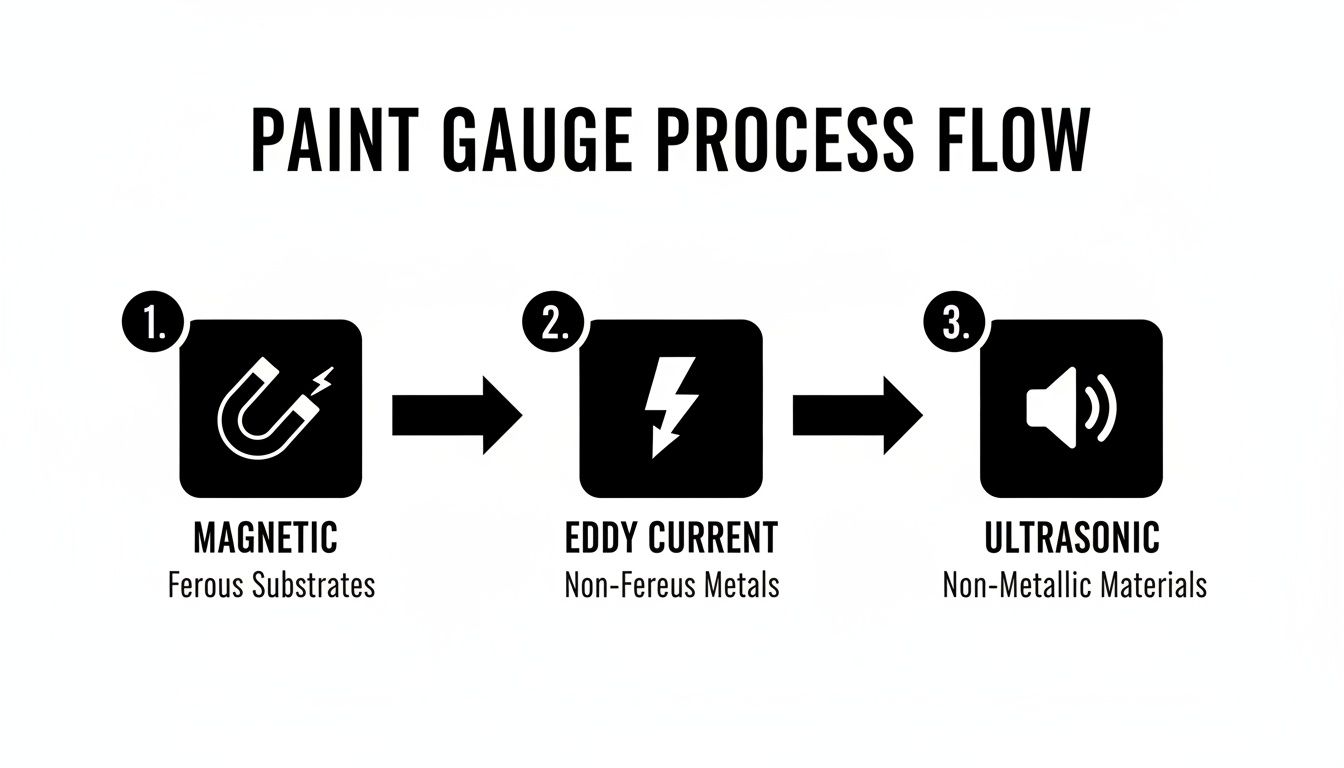 Infographic showing the paint gauge process flow, including magnetic for ferrous, eddy current for non-ferrous, and ultrasonic for non-metallic materials.