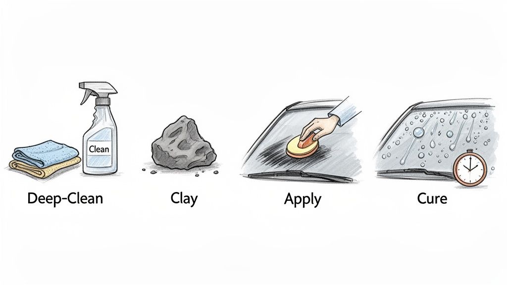An illustration showing four steps for applying a ceramic coating to a car windshield: deep-clean, clay, apply, and cure.
