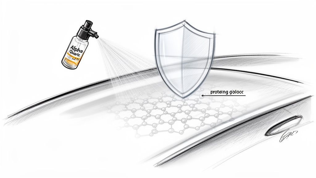 An Alpha Quartz spray bottle applies a protective coating, showing a molecular structure and a shield.