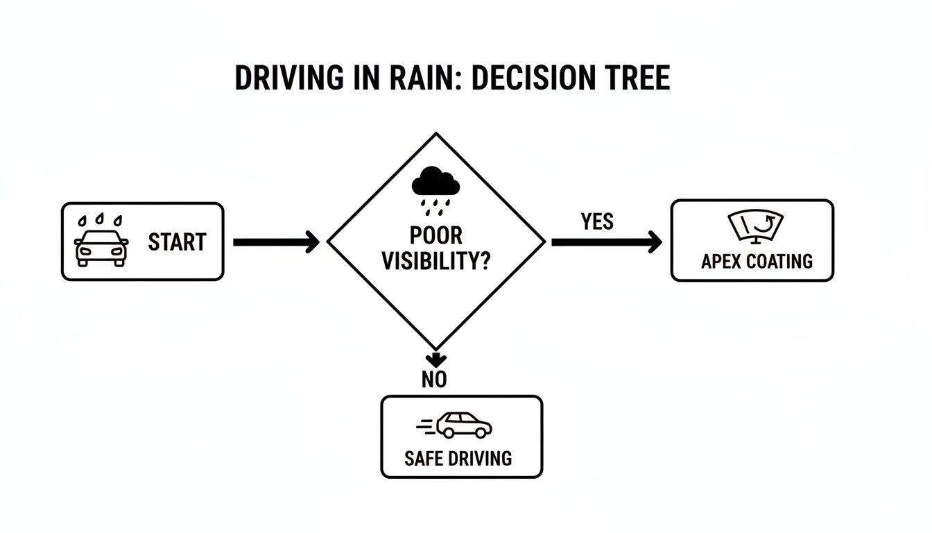 Flowchart outlining choices for driving in rain, including Apex coating for poor visibility.