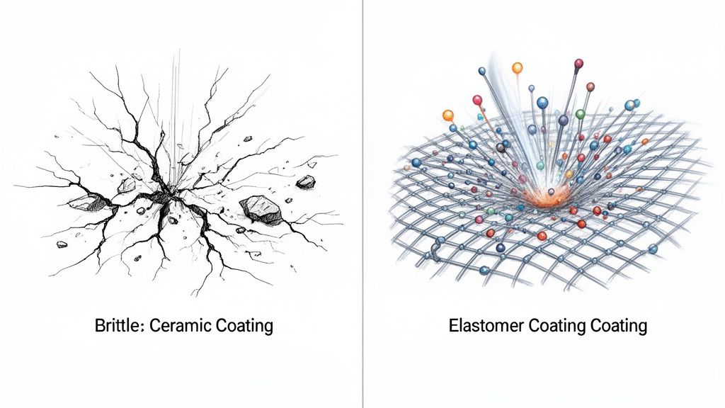 A two-panel image illustrating the impact response of brittle ceramic coating versus flexible elastomer coating.