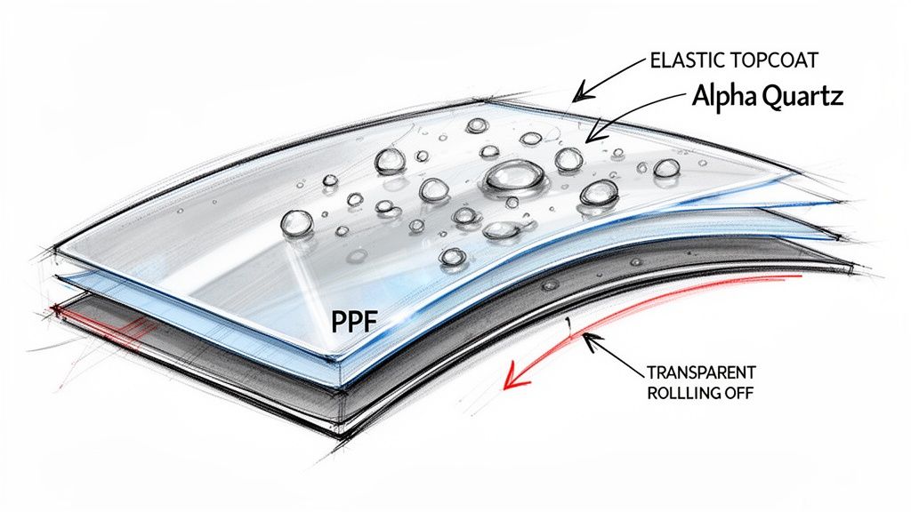 An illustration of multi-layered car paint protection film (PPF) with an elastic topcoat and water beading.
